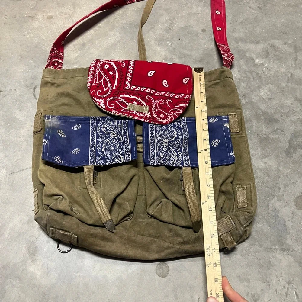 Handmade Czech Canvas Messenger Bag Blue Bandana Paisley Olive Green Crossbody
